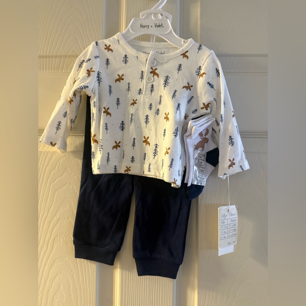 White and Navy Baby Outfit with Reindeer Print